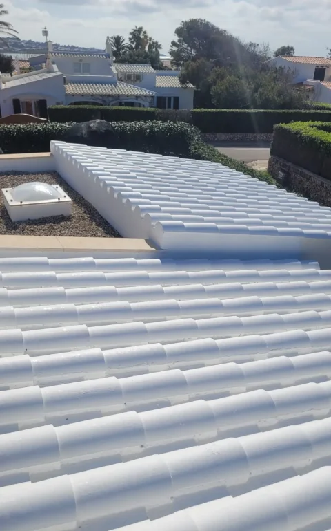 Detalle de teja árabe pintada en blanco con remate de cumbrera